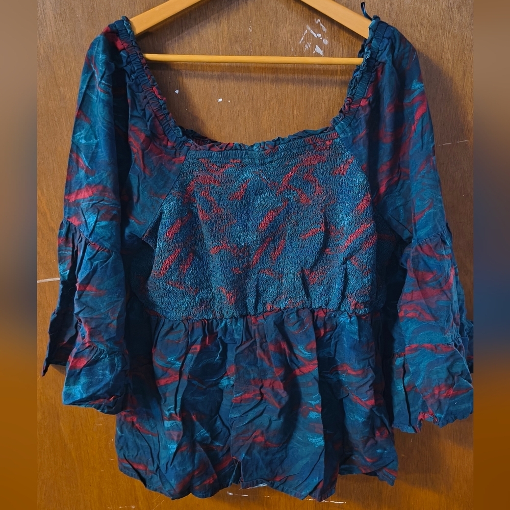 Terra & Sky Teal and Burgundy Smocked Blouse